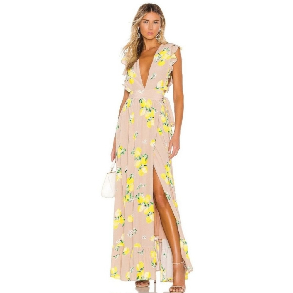 Majorelle × Revolve Sweet Pea Wrap Maxi Dress Tan Lemon Feminine Botanical XS